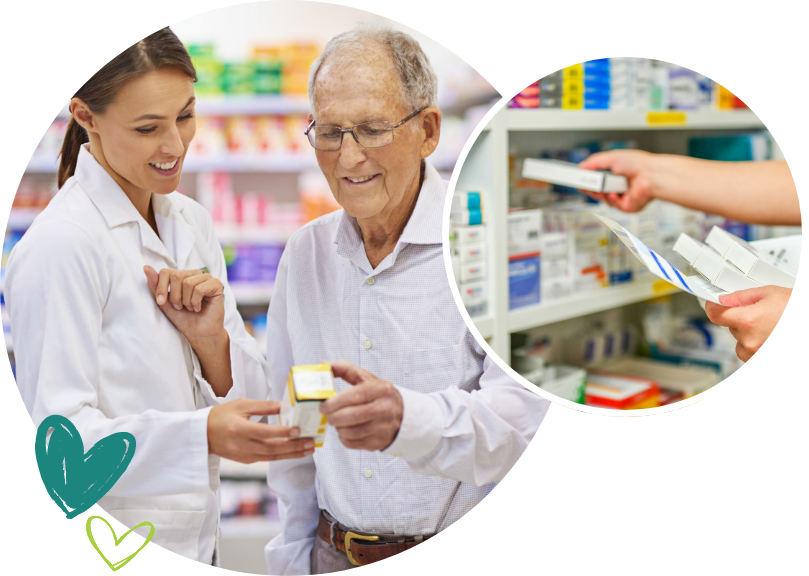 a pharmacist helping a man with a bottle of medicine