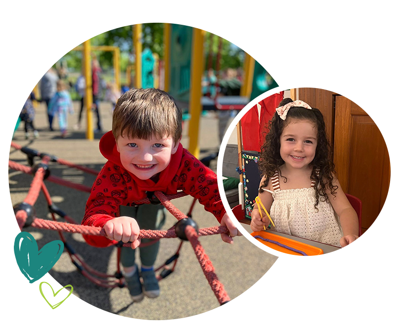 Split image showing boy climbing playground ropes and girl drawing at desk, both engaged in learning activities with big smiles